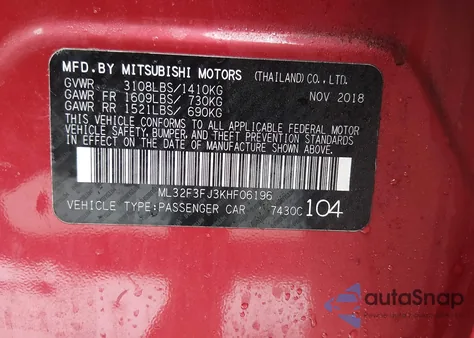 2019 Mitsubishi Mirage G4 Es из США, поврежденный, VIN ML32F3FJ3KHF06196